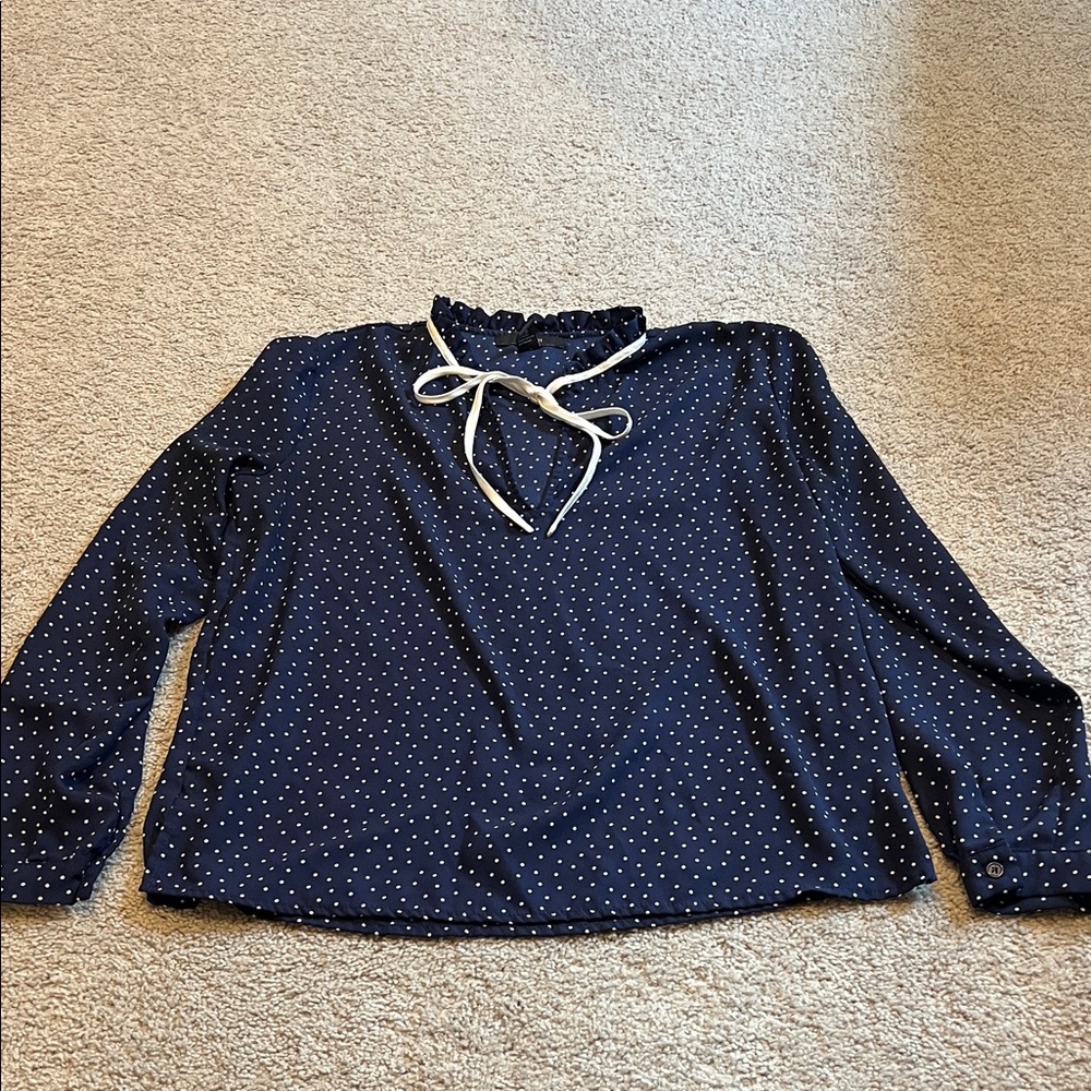 Forever 21 Navy Polka Dot Blouse with Tie Neck